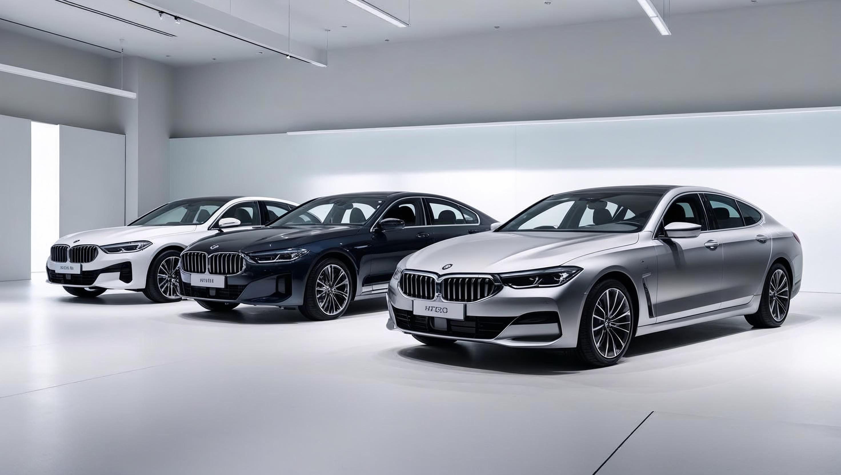 Elegant BMW luxury sedans in a modern white showroom